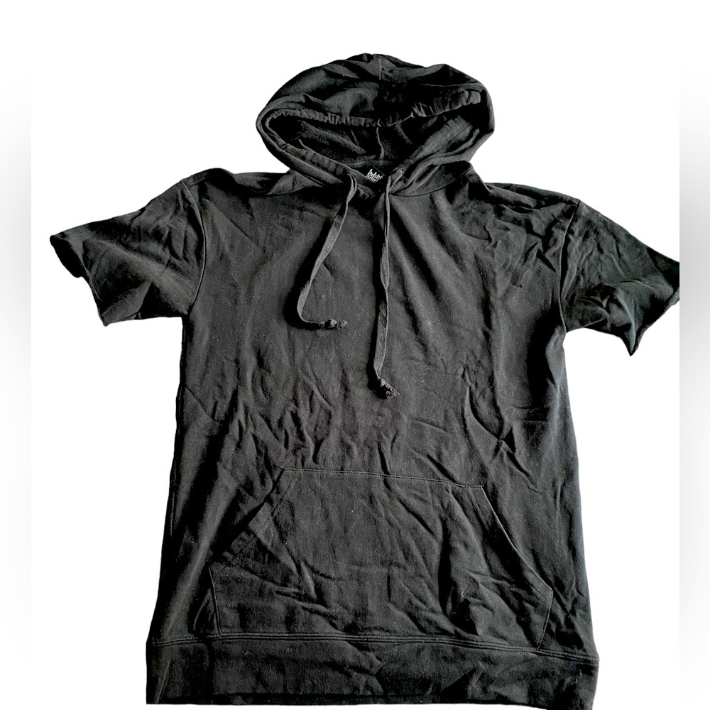 Solid black short sleeve hoodie with front pocket